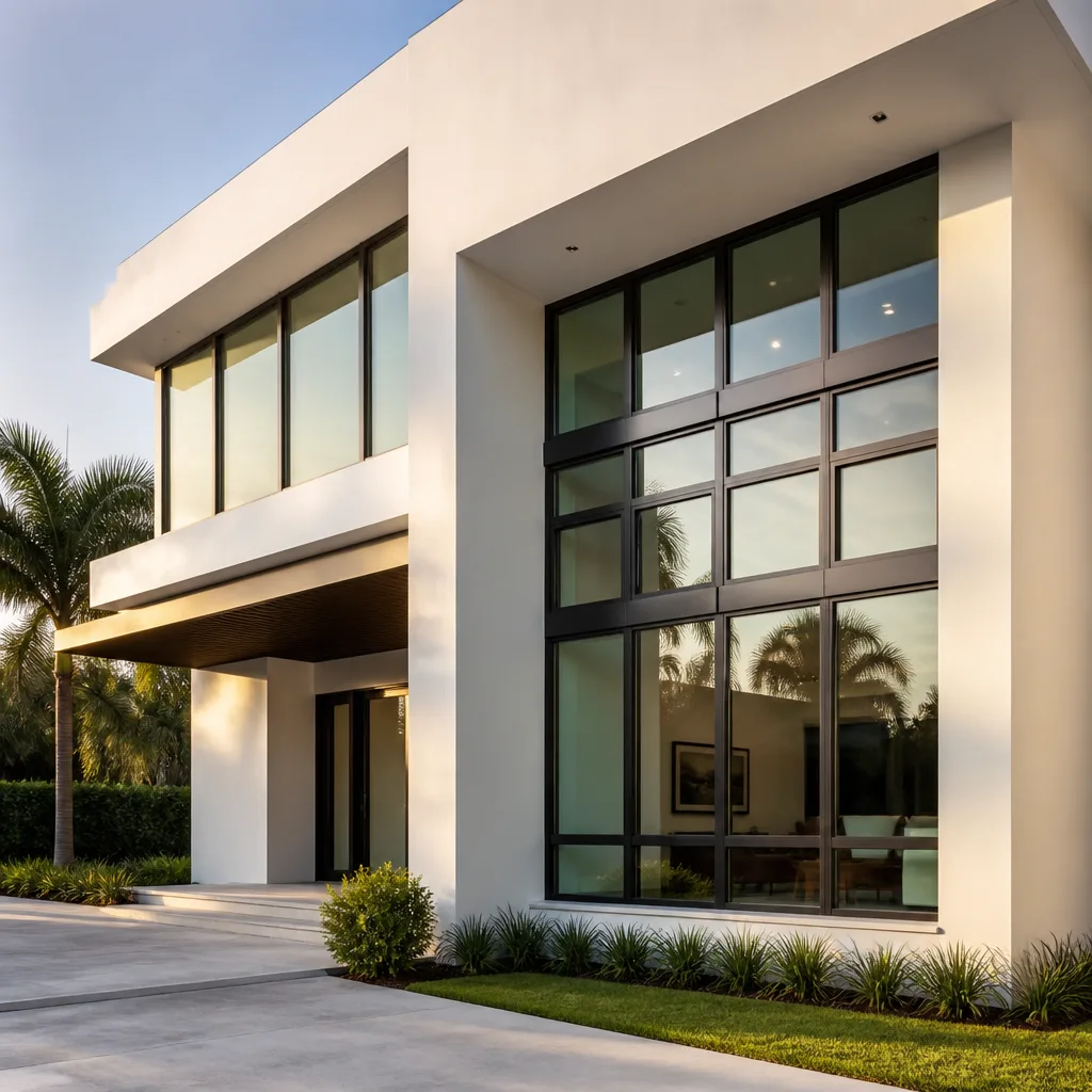 Modern luxury home with installed black-framed windows and glass doors